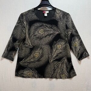 JM Collection Peacock Feather Top Women 1X Black Gold 3/4 Sleeve Whimsigoth
